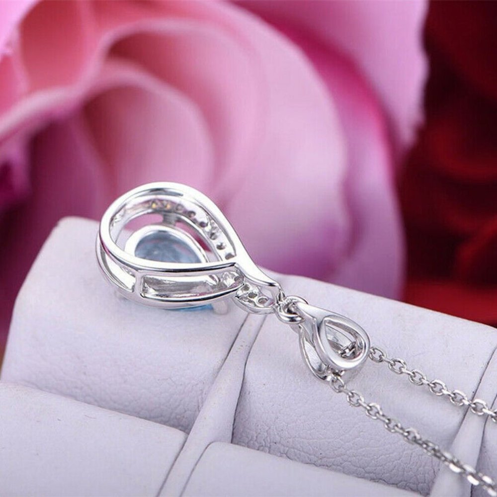 925 Sterling Silver Aquamarine Diamond Necklace - Picture 6 of 6